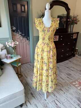 JessaKae Yellow Floral Maxi Dress with Smocked Bodice and Ruffle Sleeves NWOT